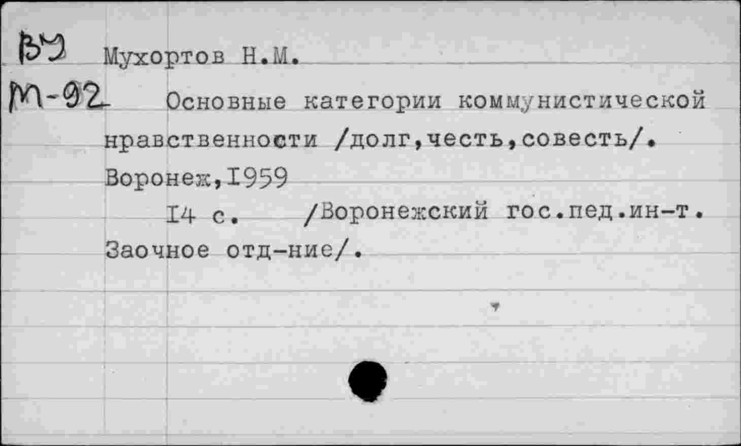 ﻿Мухорто в Н.1.1.__
^-02- Основные категории коммунистической нравственности /долг,честь,совесть/• Воронеж,1959
14 с. /Воронежский гос.пед.ин-т. Заочное отд-ние/.